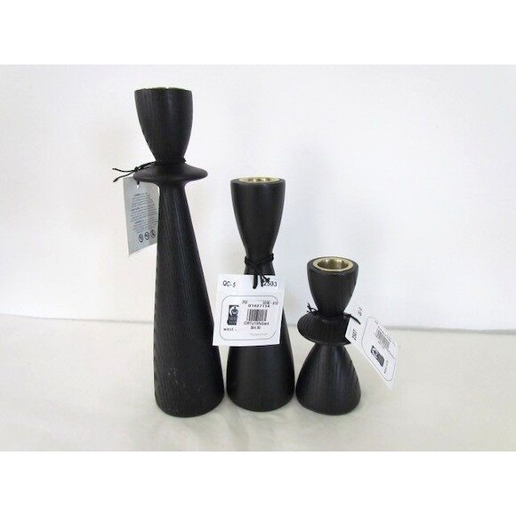 West Elm Tira Wood Taper Candle Holders Black Ash  Set 3 w Candles - Picture 6 of 13